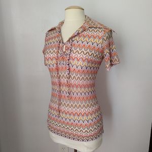 Vintage Sheer Patterned Wide Collar Lace Up Shirt